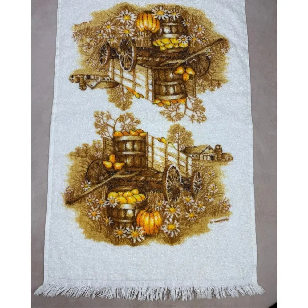 Vintage Hand Towel and Washcloth Set 1970s MCM Franco Pumpkin Wagon